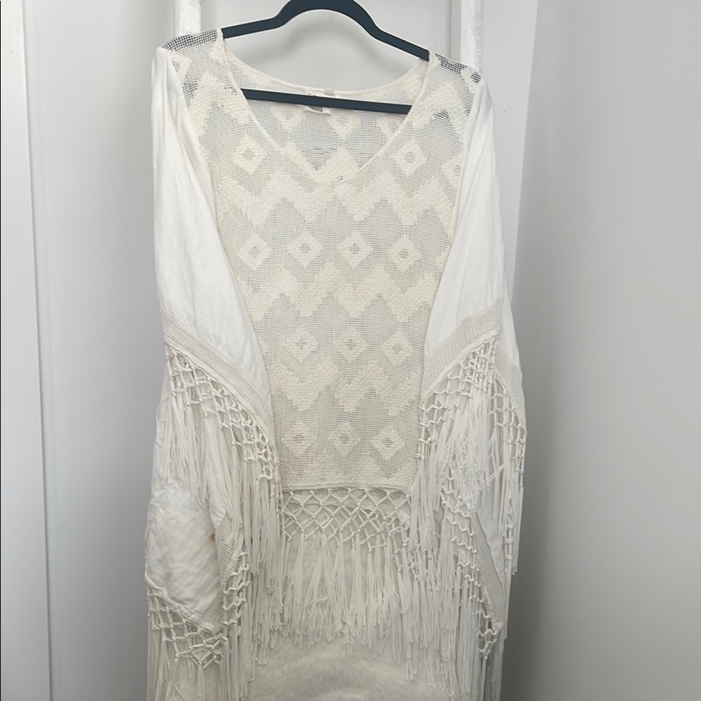 Anthropologie White Fringe Knit Poncho